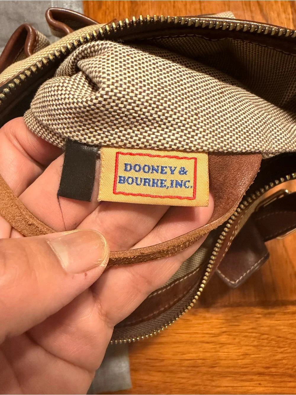 Dooney & Bourke Beige Canvas Shoulder Bag with Brown Leather Trim